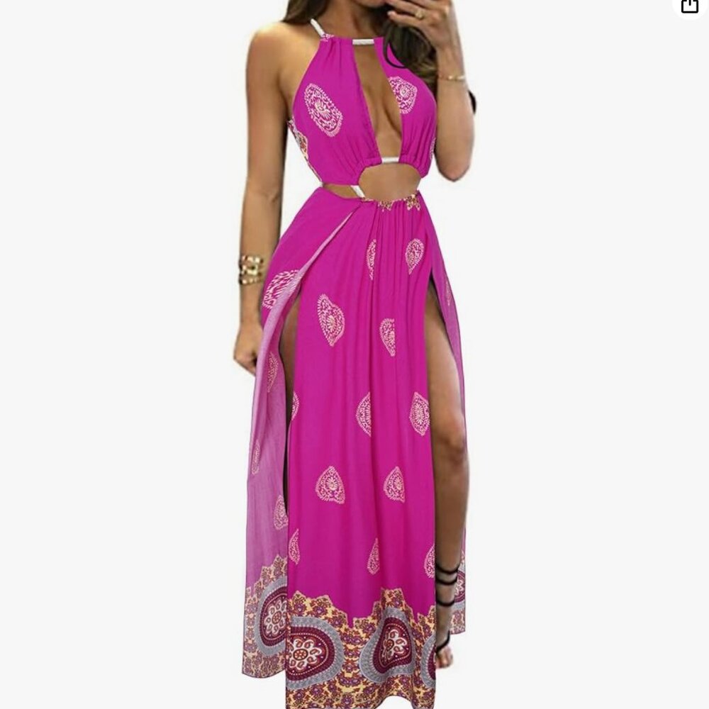 BIUBIU Women's Sexy Boho Floral Halter Summer Maxi Dress Beach Party Split Cover